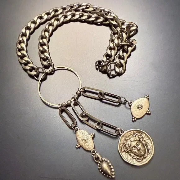 Ancient Greek Coin Medusa Medallion Lariat Steel Necklace - Picture 5 of 7